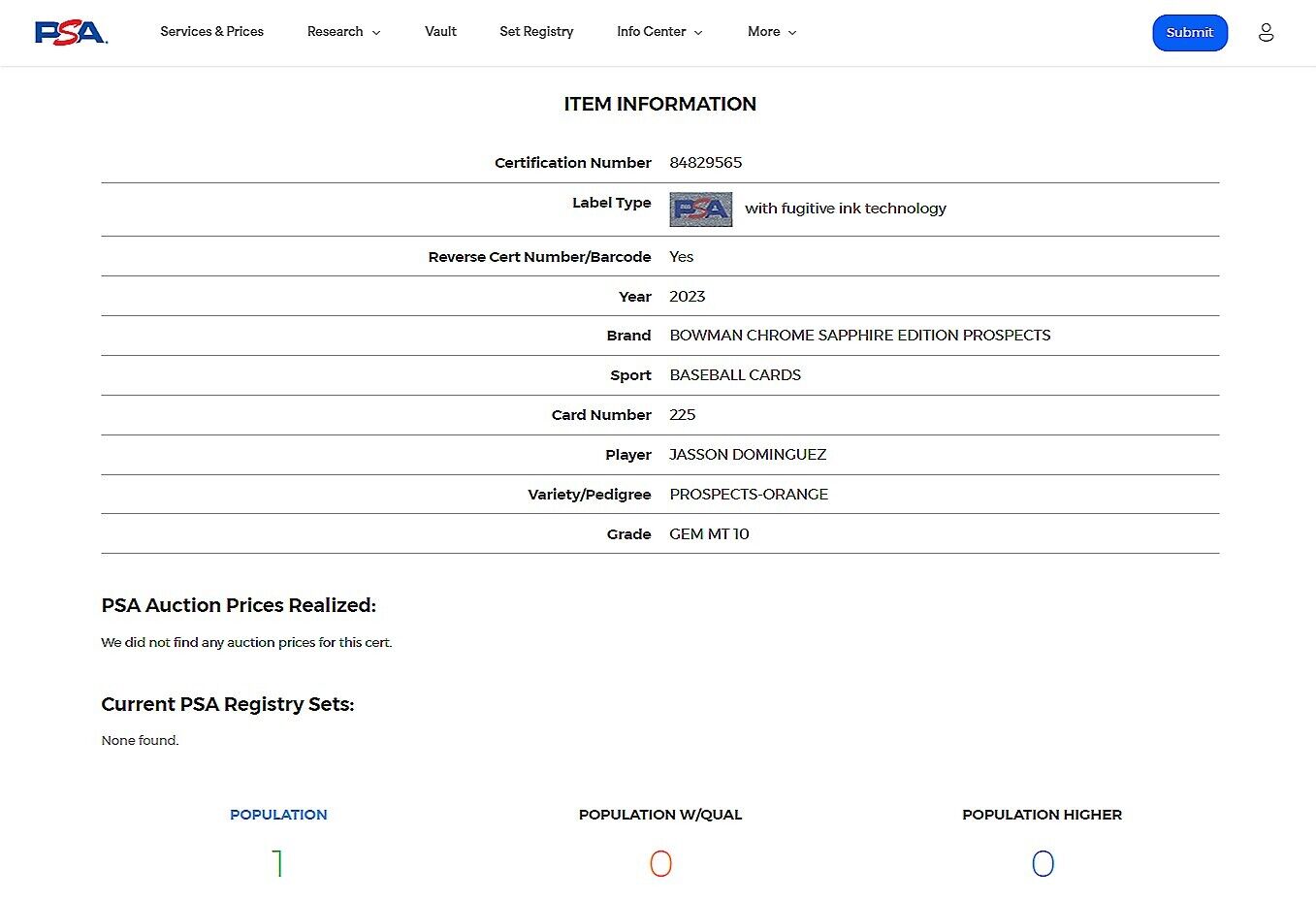 2023 Bowman Chrome Sapphire JASSON DOMINGUEZ SP Orange RC /75 PSA 10 POP 1