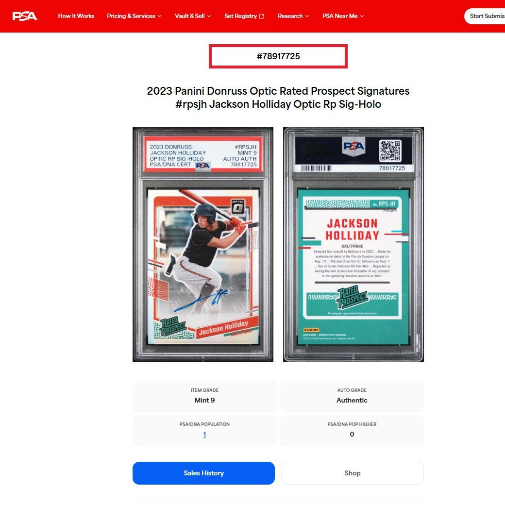 2023 Donruss Optic Holo JACKSON HOLLIDAY Rated Prospect Signatures Auto RC PSA 9