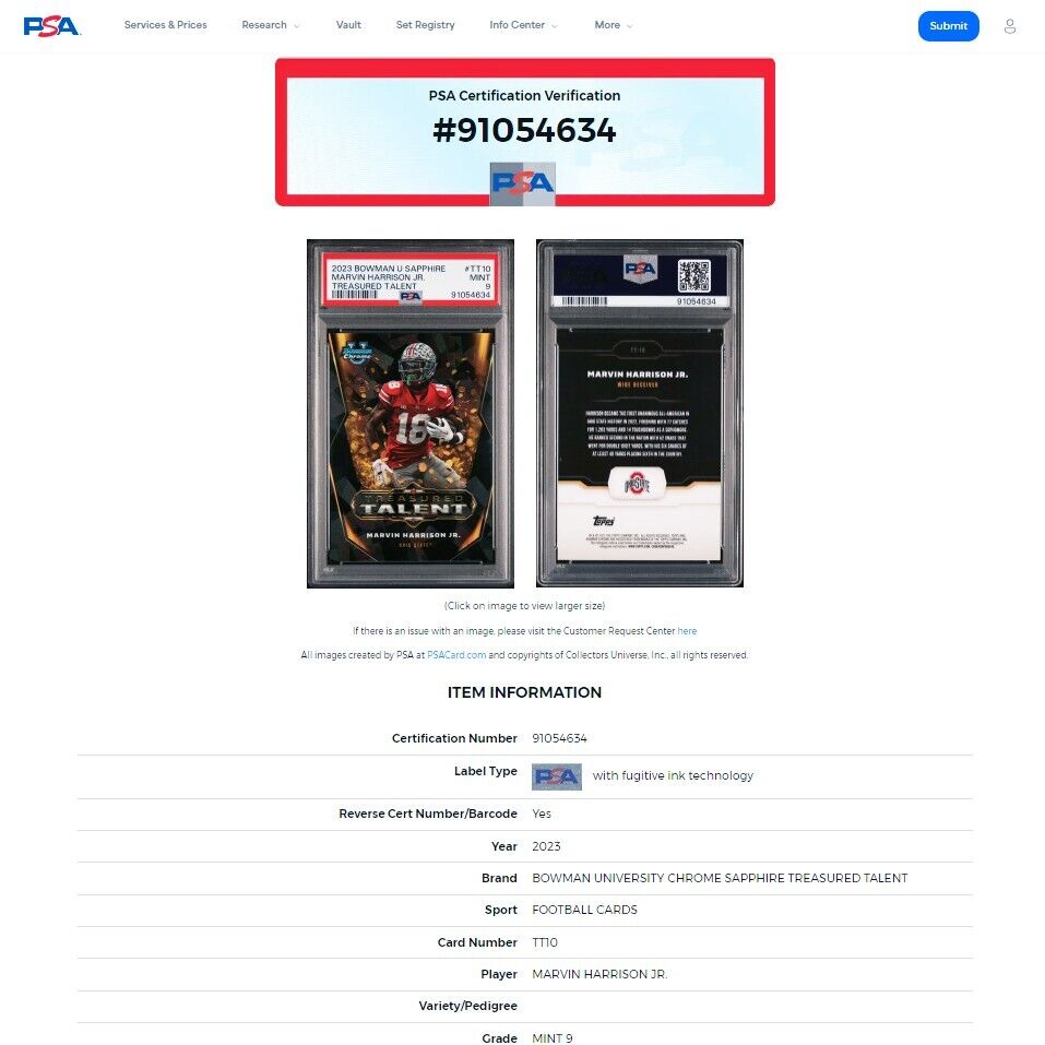 2023 Bowman Chrome U Sapphire MARVIN HARRISON JR. Treasured Talent PSA 9 MINT