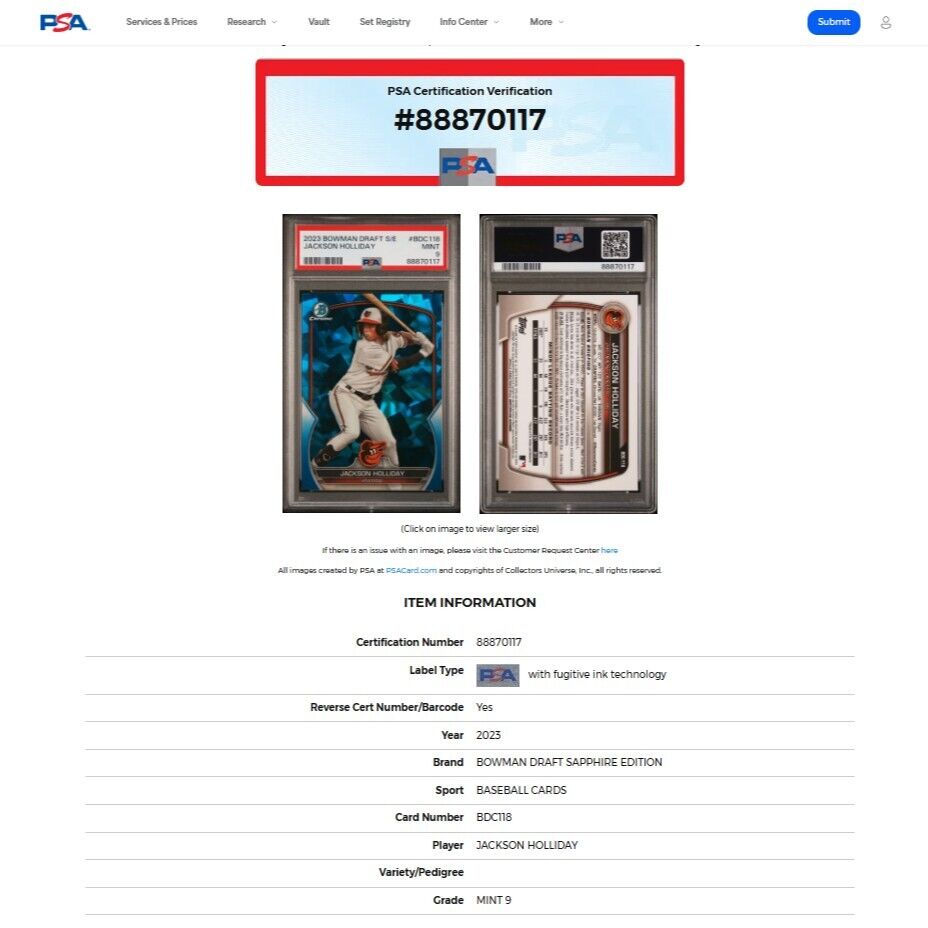 2023 Bowman Draft Sapphire JACKSON HOLLIDAY Blue Refractor Rookie Card RC PSA 9
