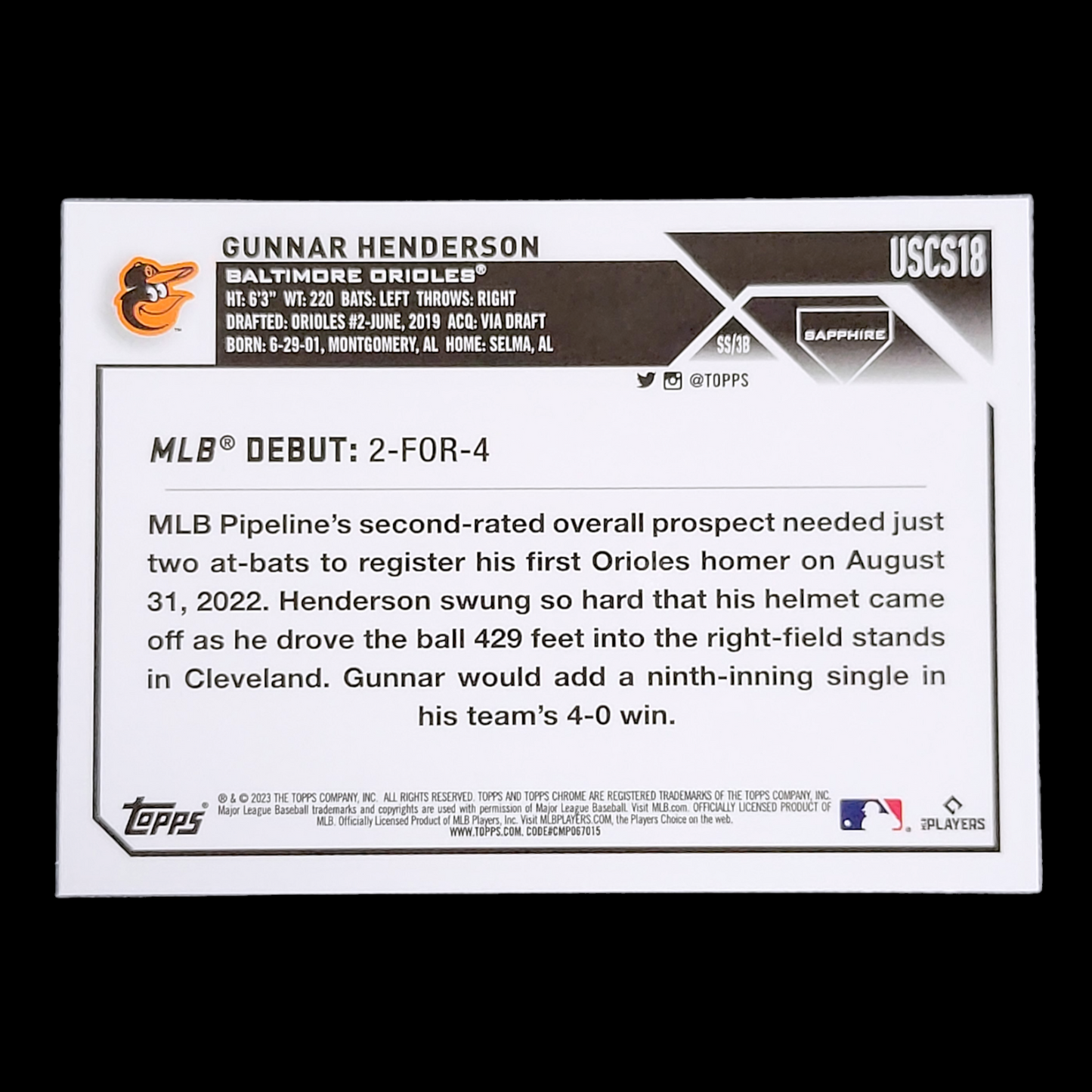 2023 Topps Chrome Update Sapphire GUNNAR HENDERSON Orioles Rookie Card RC USCS18