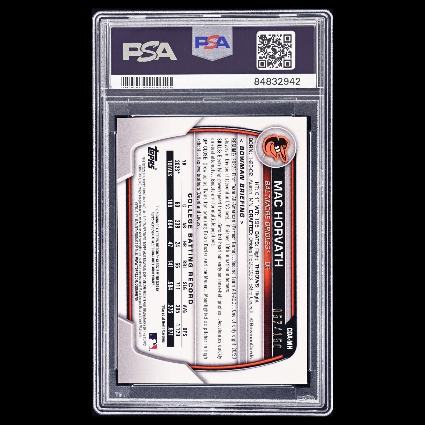 2023 Bowman Draft MAC HORVATH HTA Choice Mojo 1st Refractor Rookie RC /150 PSA 9