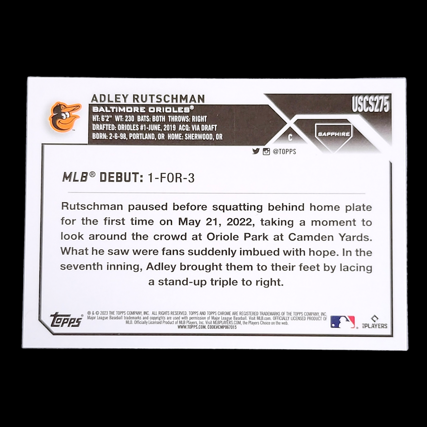 2023 Topps Chrome Update Sapphire ADLEY RUTSCHMAN Orioles Rookie Card RC USCS275