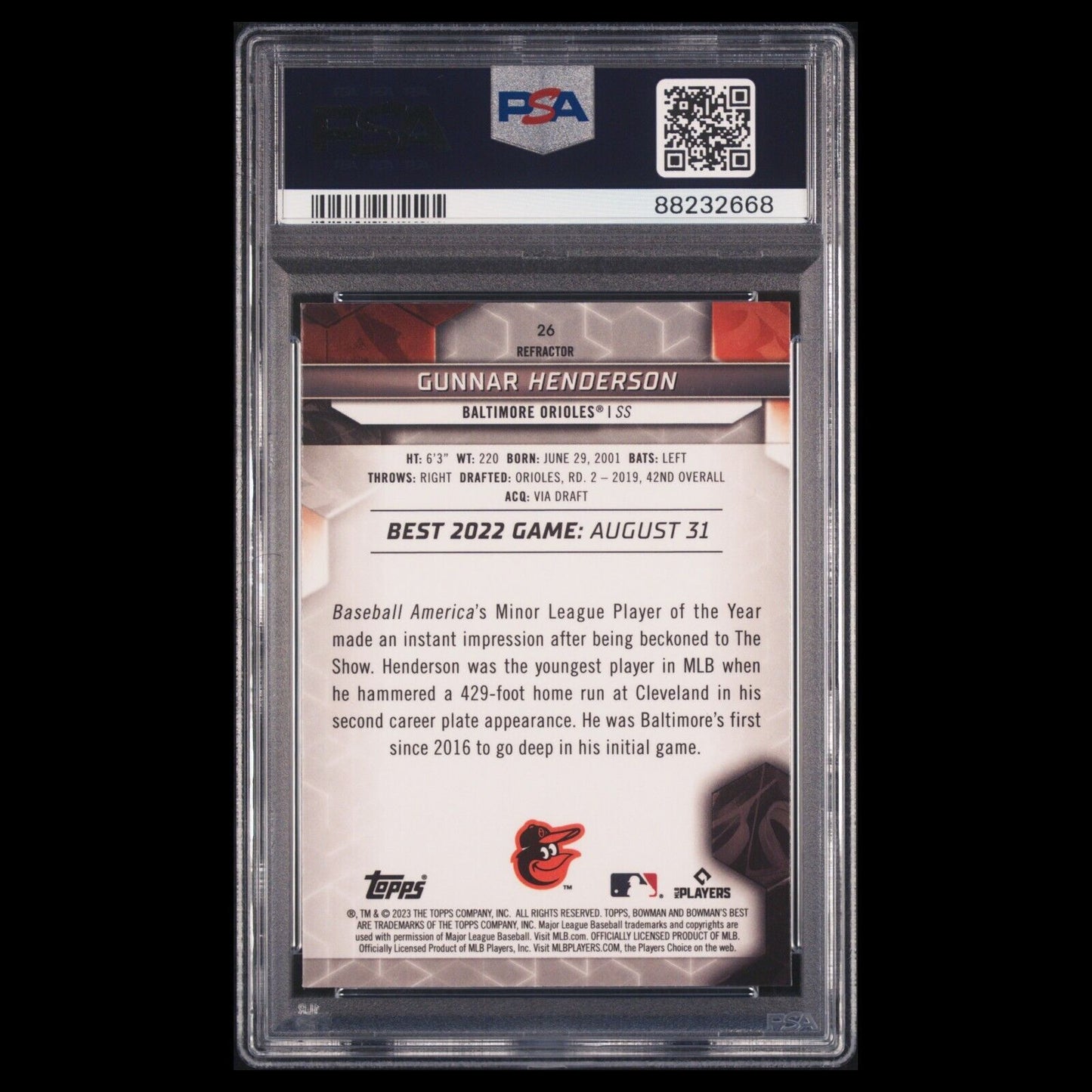 2023 Bowman's Best GUNNAR HENDERSON Silver Refractor Rookie RC PSA 10 GEM MINT