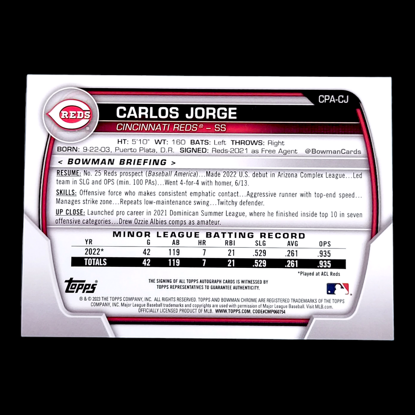 2023 Bowman Chrome CARLOS JORGE Reds 1st Gold Shimmer On-Card Rookie Auto /5O