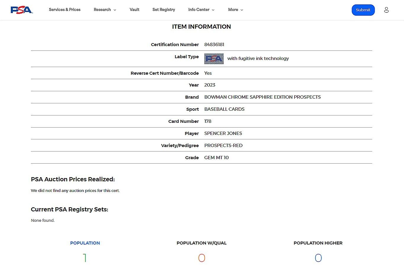 2023 Bowman Chrome Sapphire SPENCER JONES Yankees Red SSP RC 1/5 PSA 10 POP 1