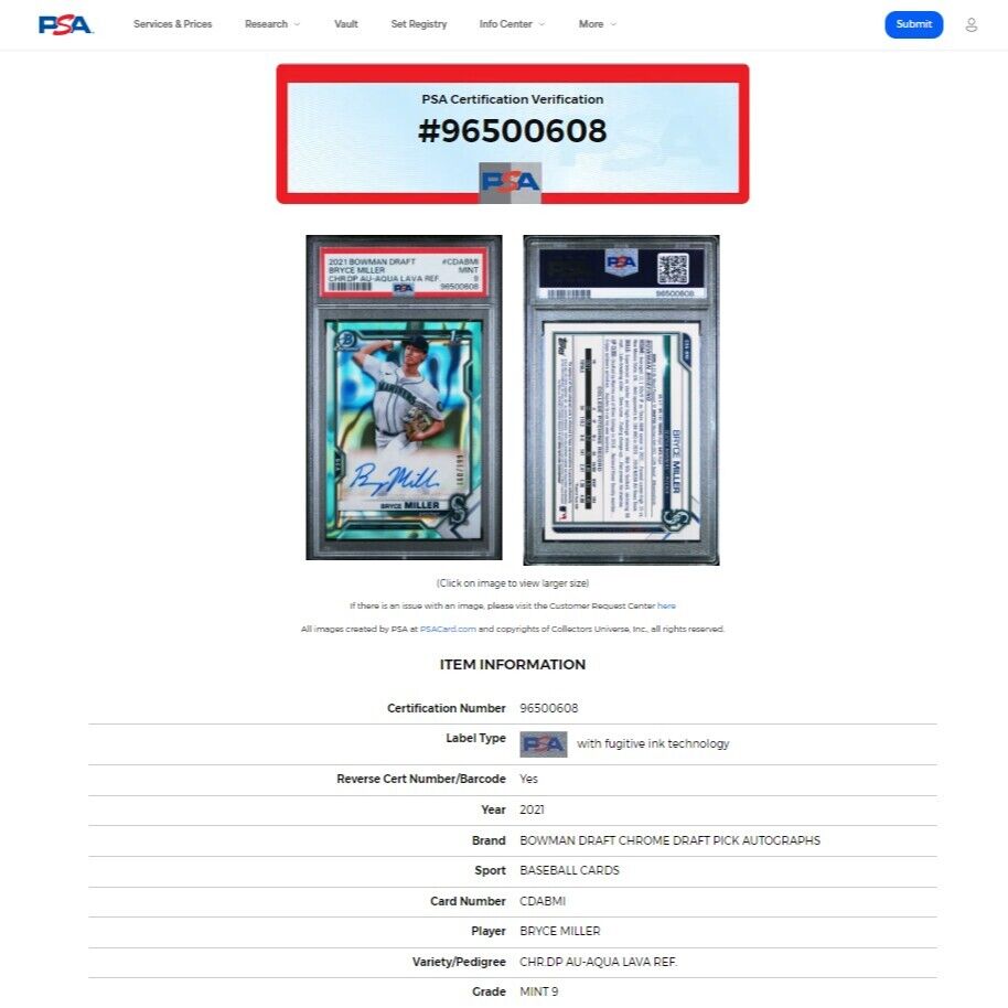 2021 Bowman Draft BRYCE MILLER 1st Aqua Lava Refractor On Card Rookie Auto PSA 9