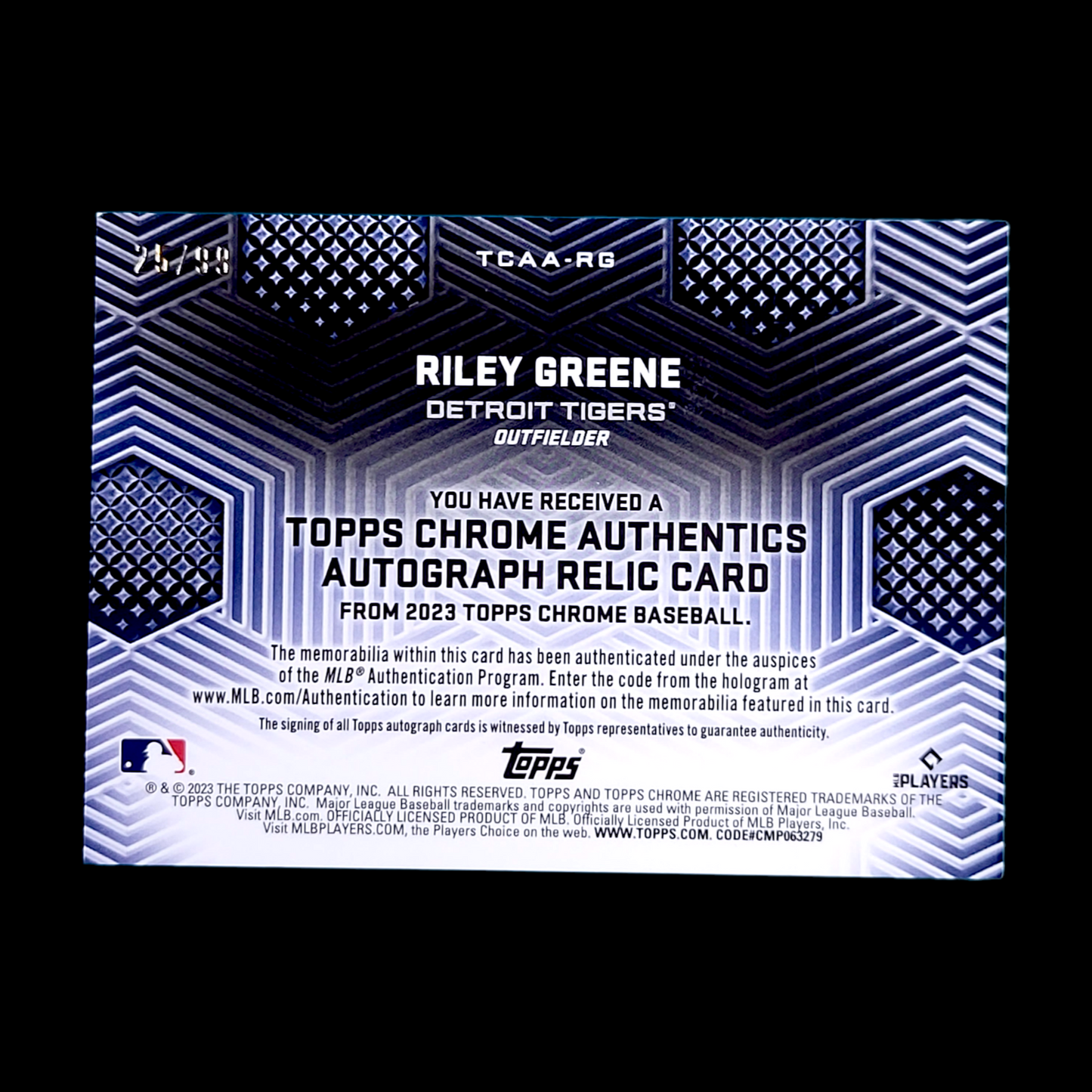 2023 Topps Chrome Authentics RILEY GREENE SP On-Card Rookie Relic Auto RC /99