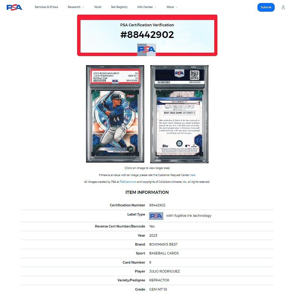 2023 Bowman's Best JULIO RODRIGUEZ Mariners Silver Refractor PSA 10 GEM MINT