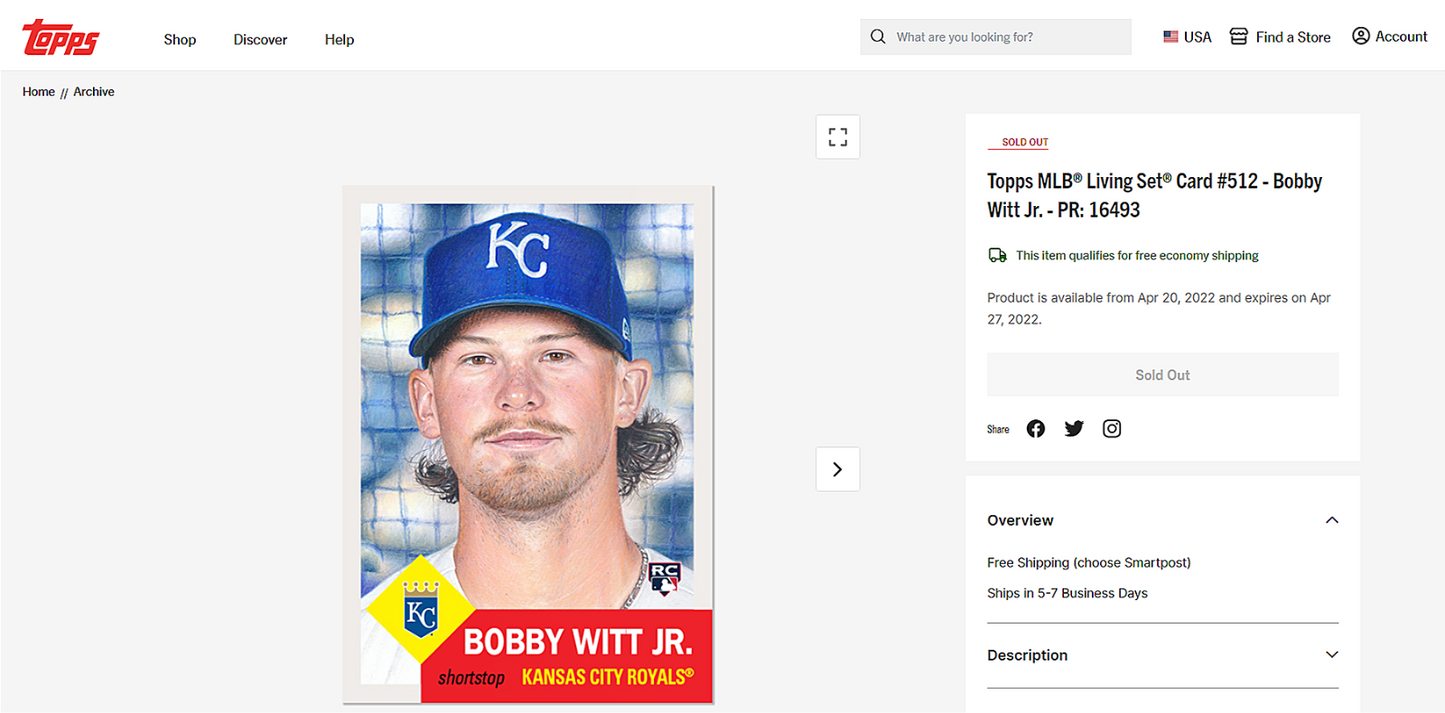 2022 Topps Living Set - Bobby Witt Jr. MLB 1953 Throwback SP Rookie Card RC #512