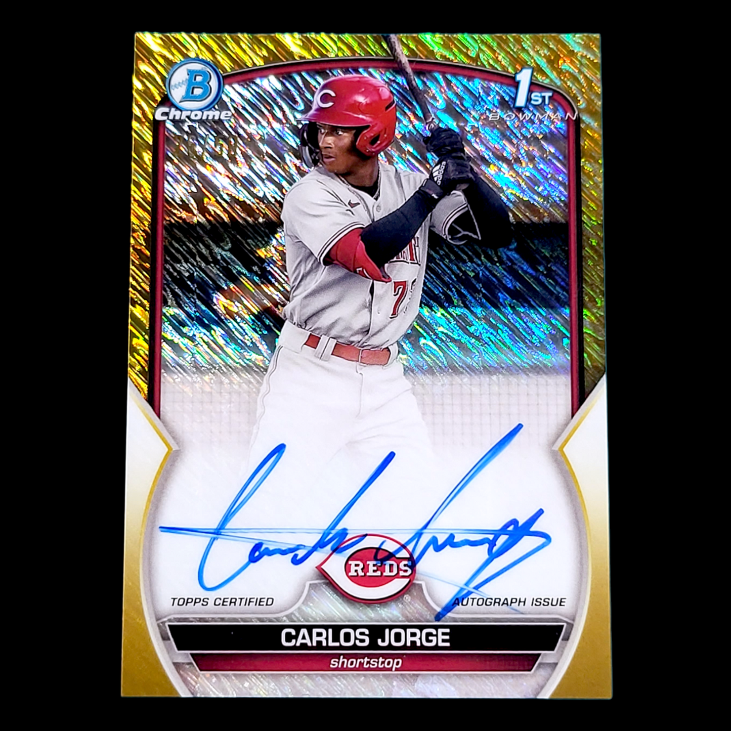 2023 Bowman Chrome CARLOS JORGE Reds 1st Gold Shimmer On-Card Rookie Auto /5O