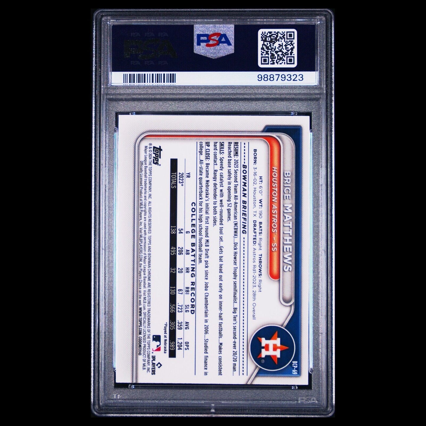 2024 Bowman Chrome Sapphire BRICE MATTHEWS 1st SP Orange Refractor RC /25 PSA 10