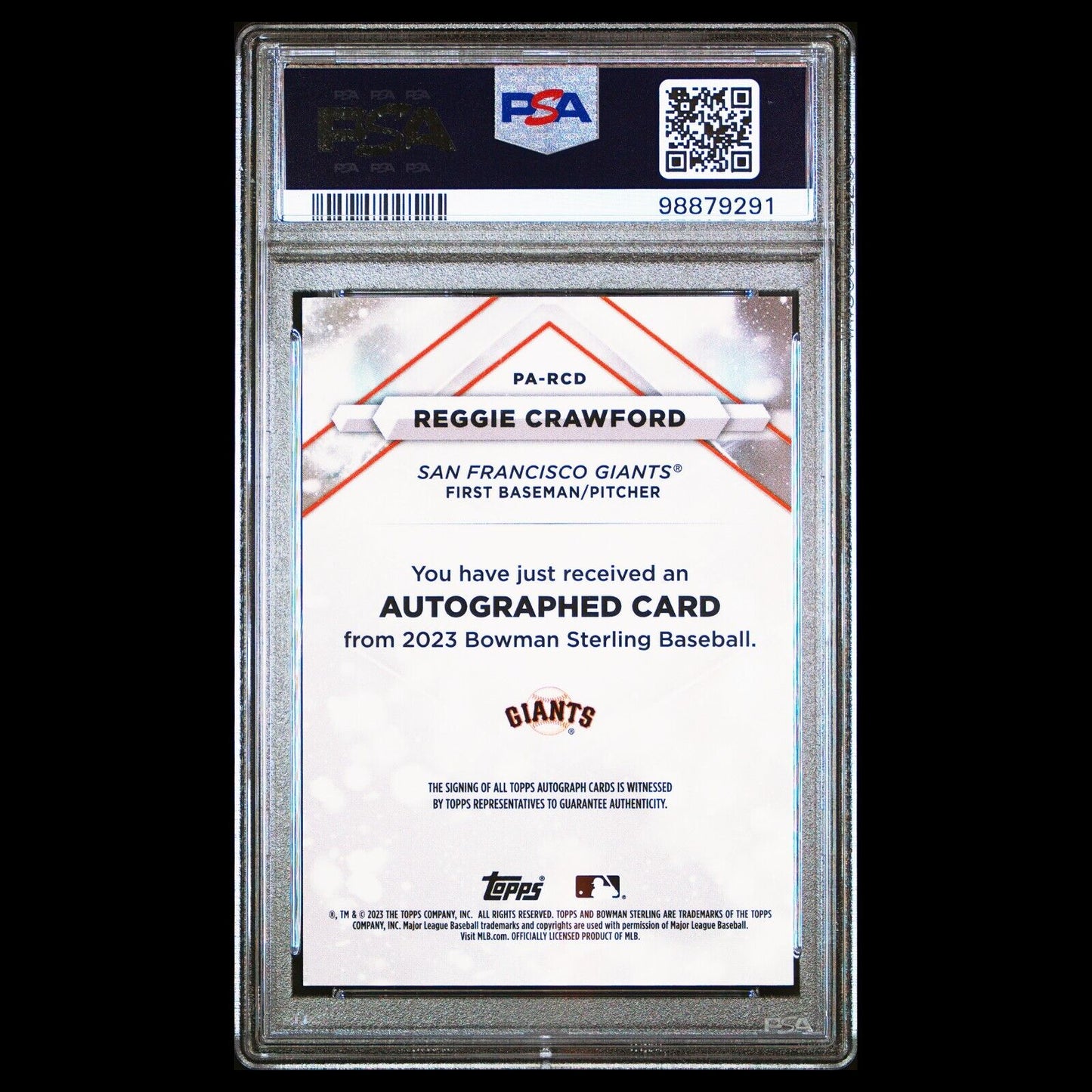 2023 Bowman Sterling REGGIE CRAWFORD Giants On Card Rookie Auto PSA 10 GEM