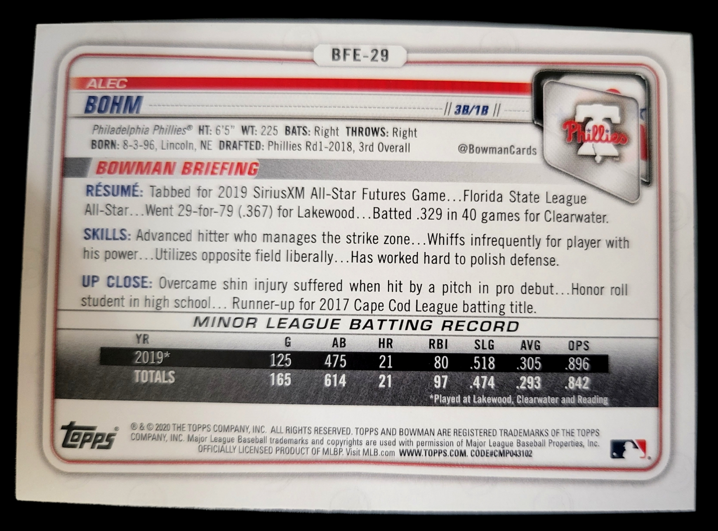 2020 Bowman 1st Edition ALEC BOHM MLB Sky Blue Holo Foil 1st True Rookie BFE-29
