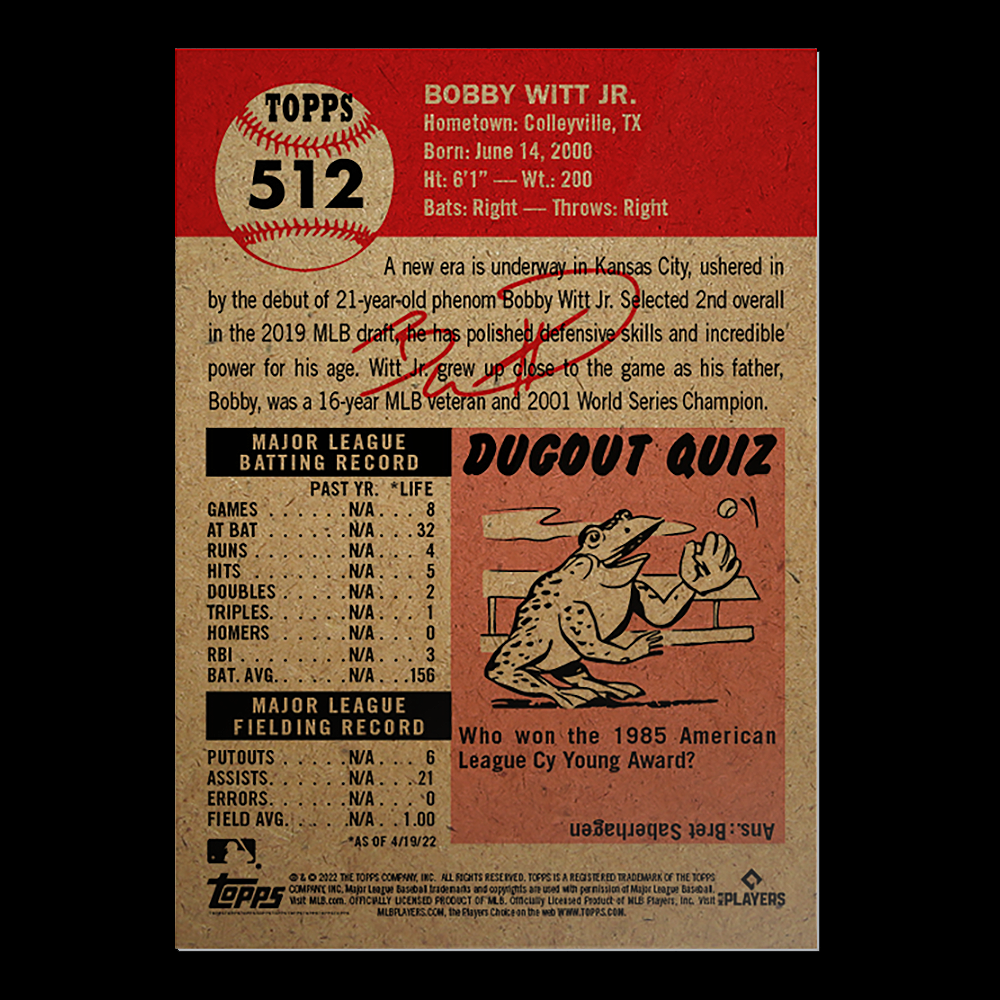 2022 Topps Living Set - Bobby Witt Jr. MLB 1953 Throwback SP Rookie Card RC #512