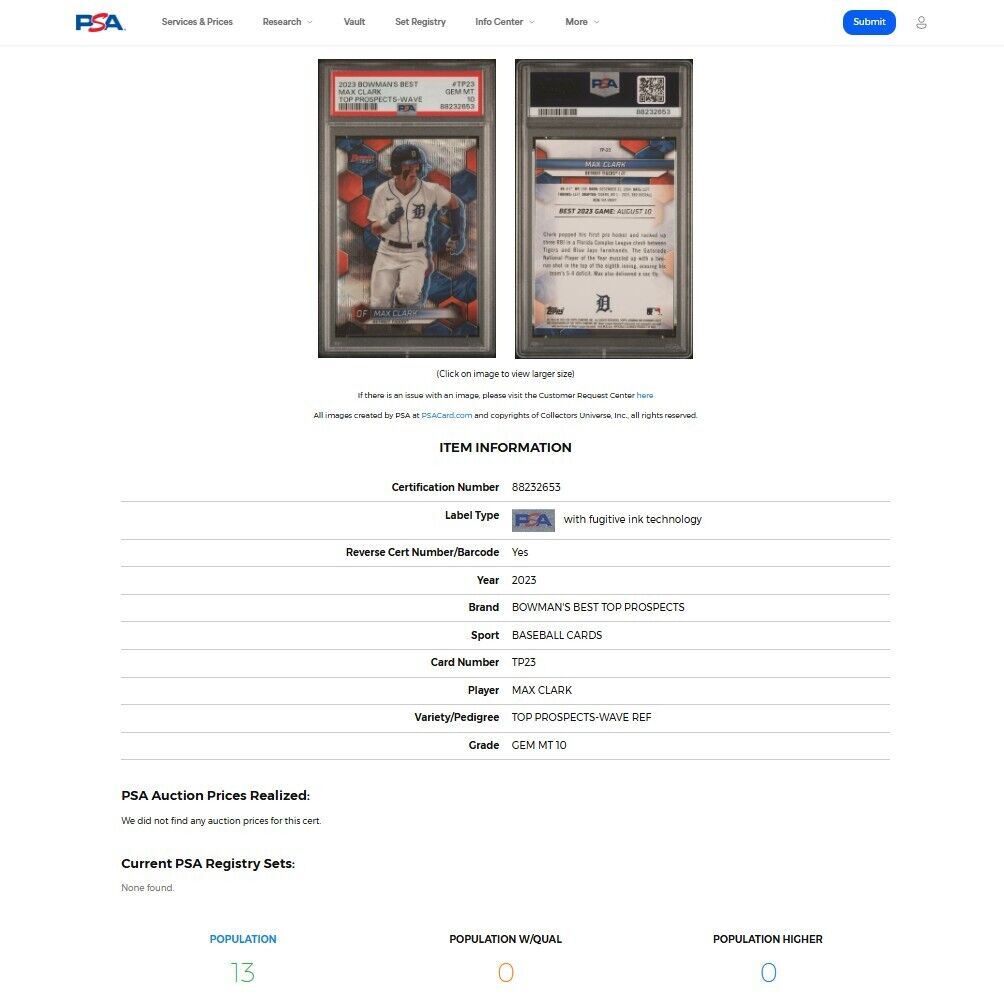 2023 Bowman's Best MAX CARK Top Prospects Silver Wave Refractor Rookie RC PSA 10
