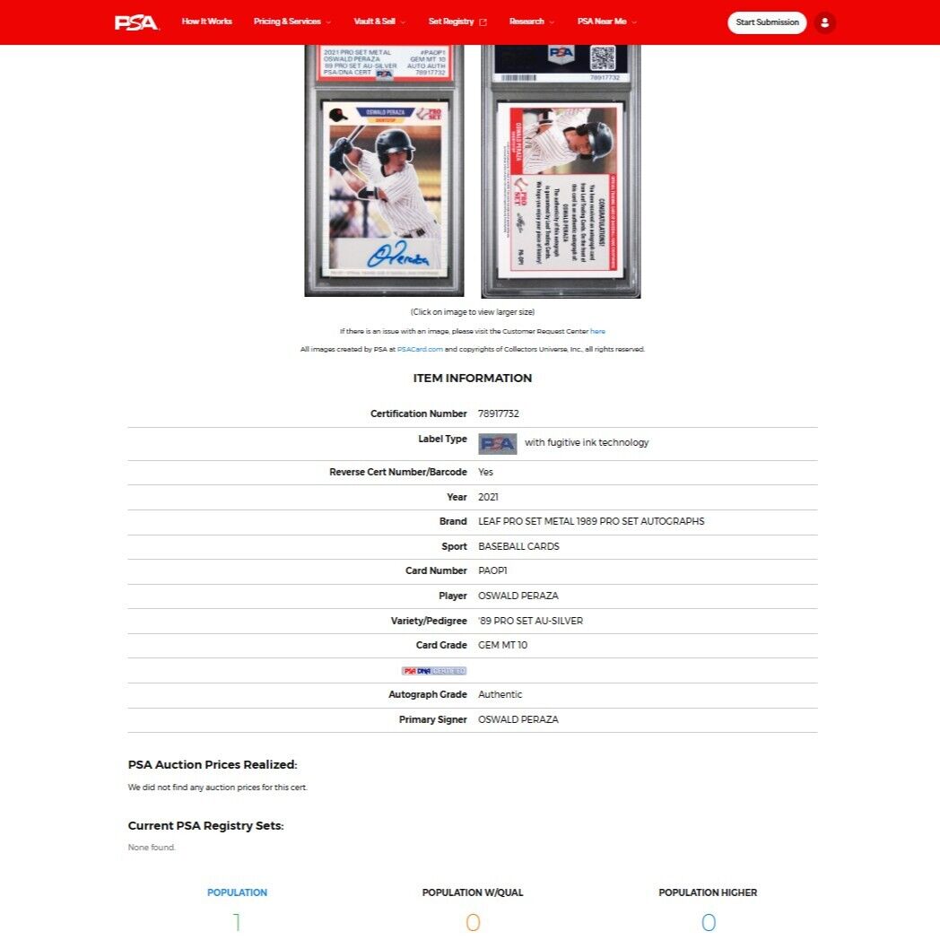 2021 Leaf Pro Set Metal OSWALD PERAZA 89 Retro SSP Silver Rookie Auto /8 PSA 10