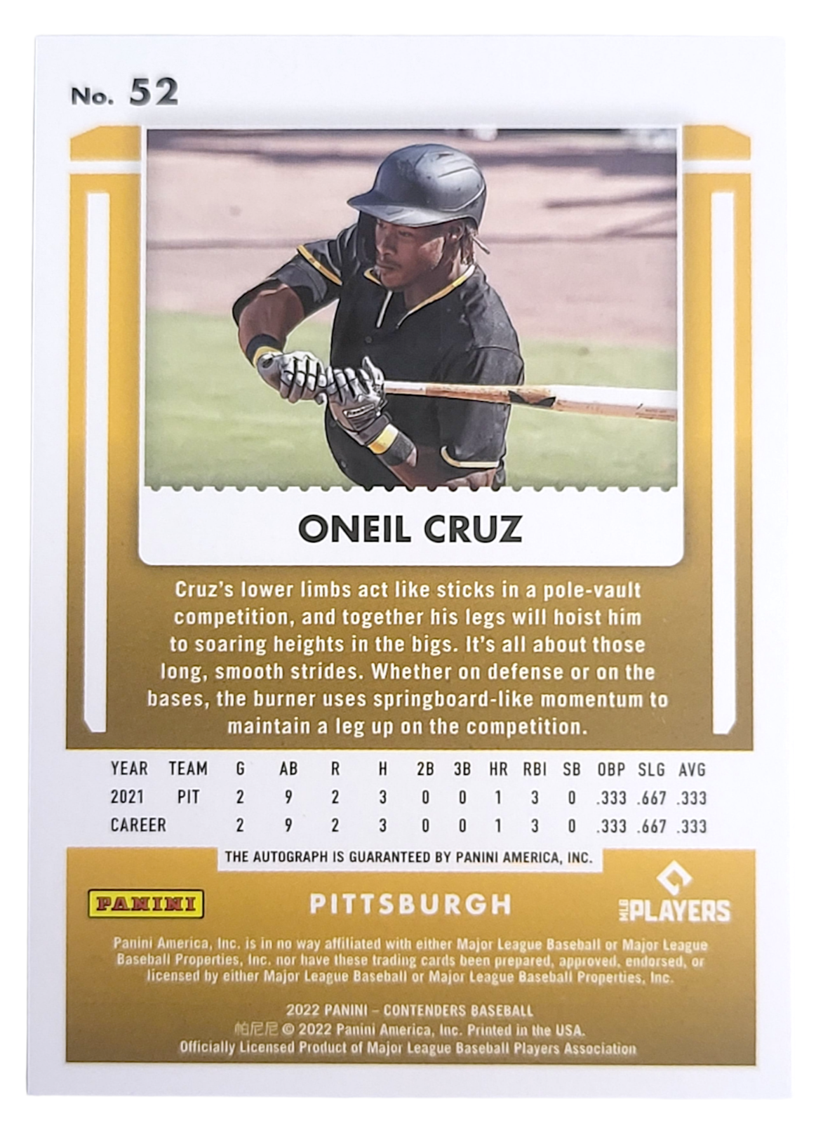2022 Panini Contenders ONEIL CRUZ MLB Pirates Gold Playoff Ticket SP RC Auto /18