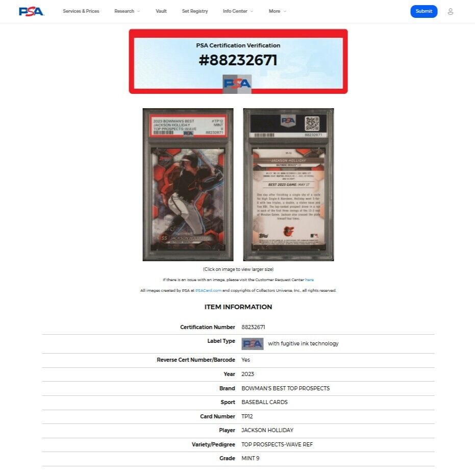2023 Bowman's Best JACKSON HOLLIDAY Top Prospects Silver Wave Refractor PSA 9