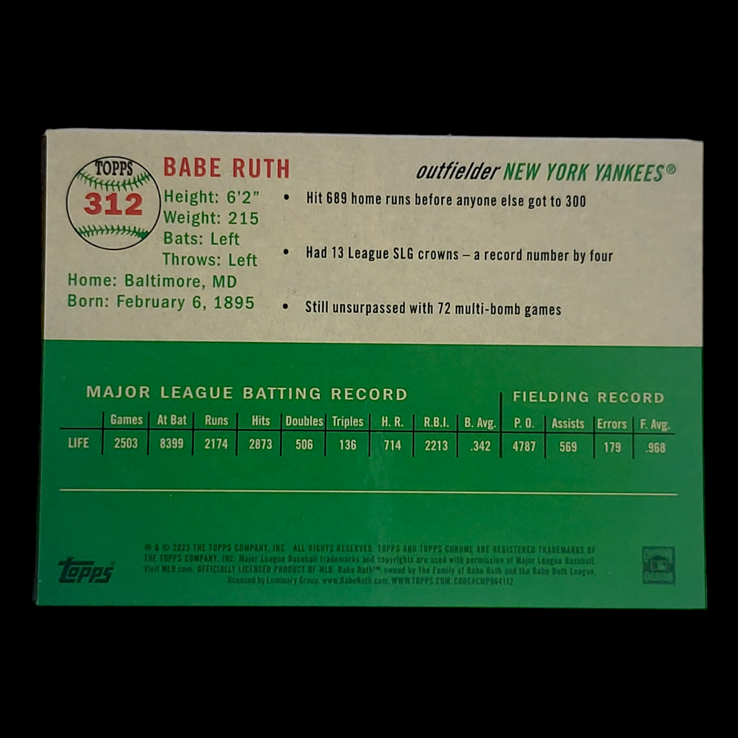2023 Topps Chrome Platinum Anniversary BABE RUTH Yankees Green Toile Refractor /99