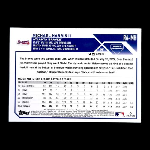 2023 Topps Chrome MICHAEL HARRIS II Blue Ink On-Card Auto Rookie RC #RA-MH