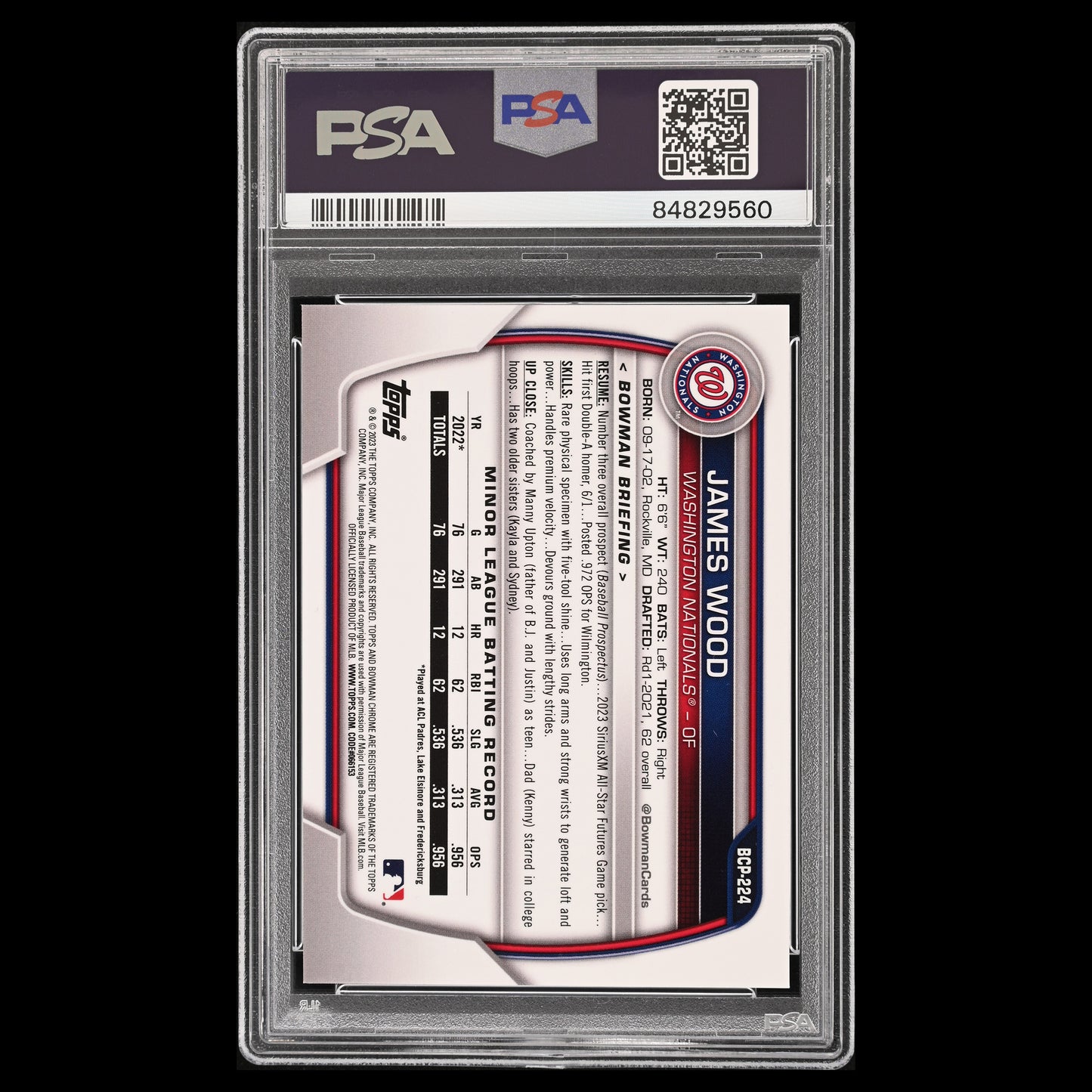 2023 Bowman Chrome Sapphire JAMES WOOD Yellow SP Variation /50 PSA 10 GEM