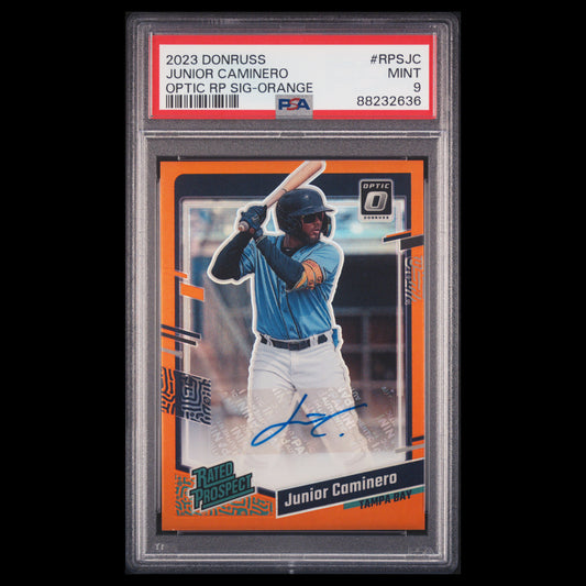 2023 Donruss Optic JUNIOR CAMINERO SP Orange PRIZM Rated Prospect Auto /85 PSA 9