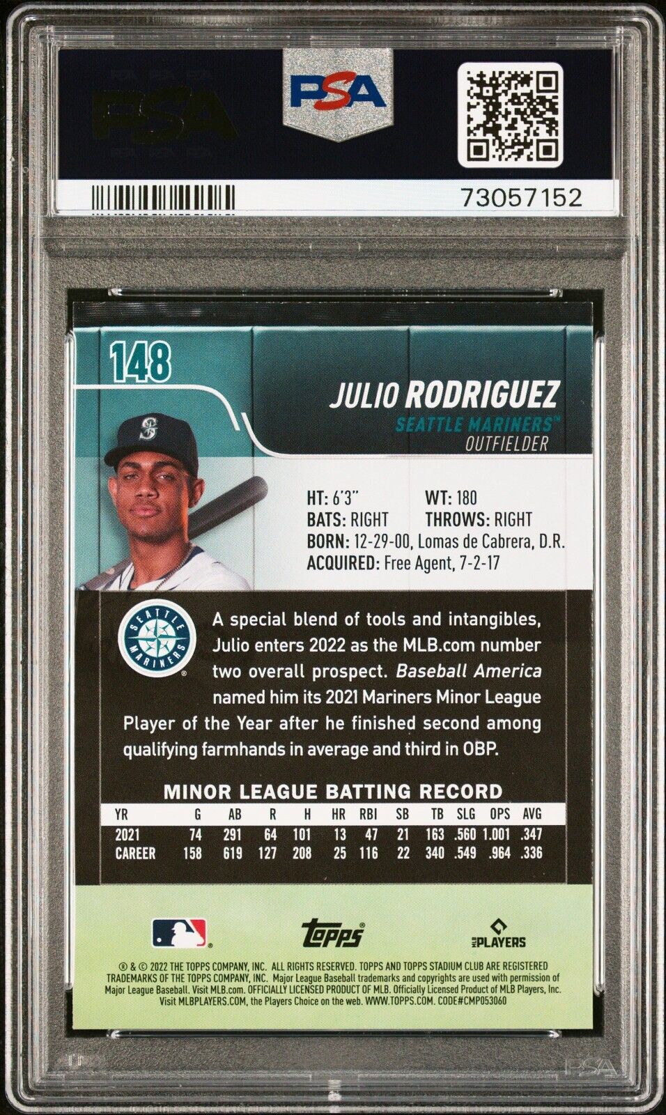 2022 Topps Stadium Club JULIO RODRIGUEZ MLB Seattle Mariners RC PSA 9 MINT #148