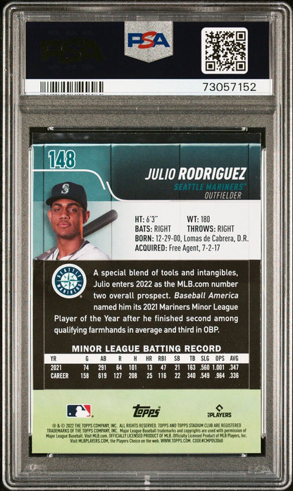 2022 Topps Stadium Club JULIO RODRIGUEZ MLB Seattle Mariners RC PSA 9 MINT #148