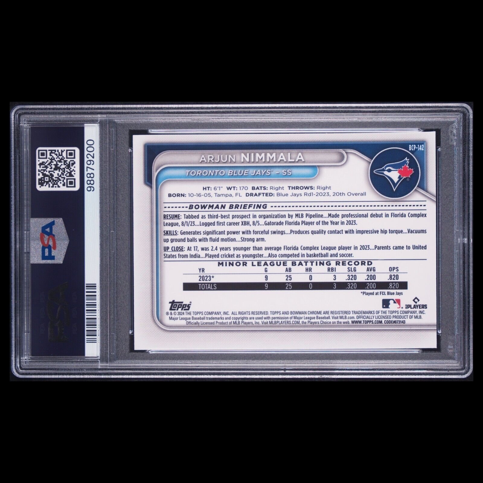 2024 Bowman Chrome Sapphire ARJUN NIMMALA 1st Bowman Refractor Rookie RC PSA 10