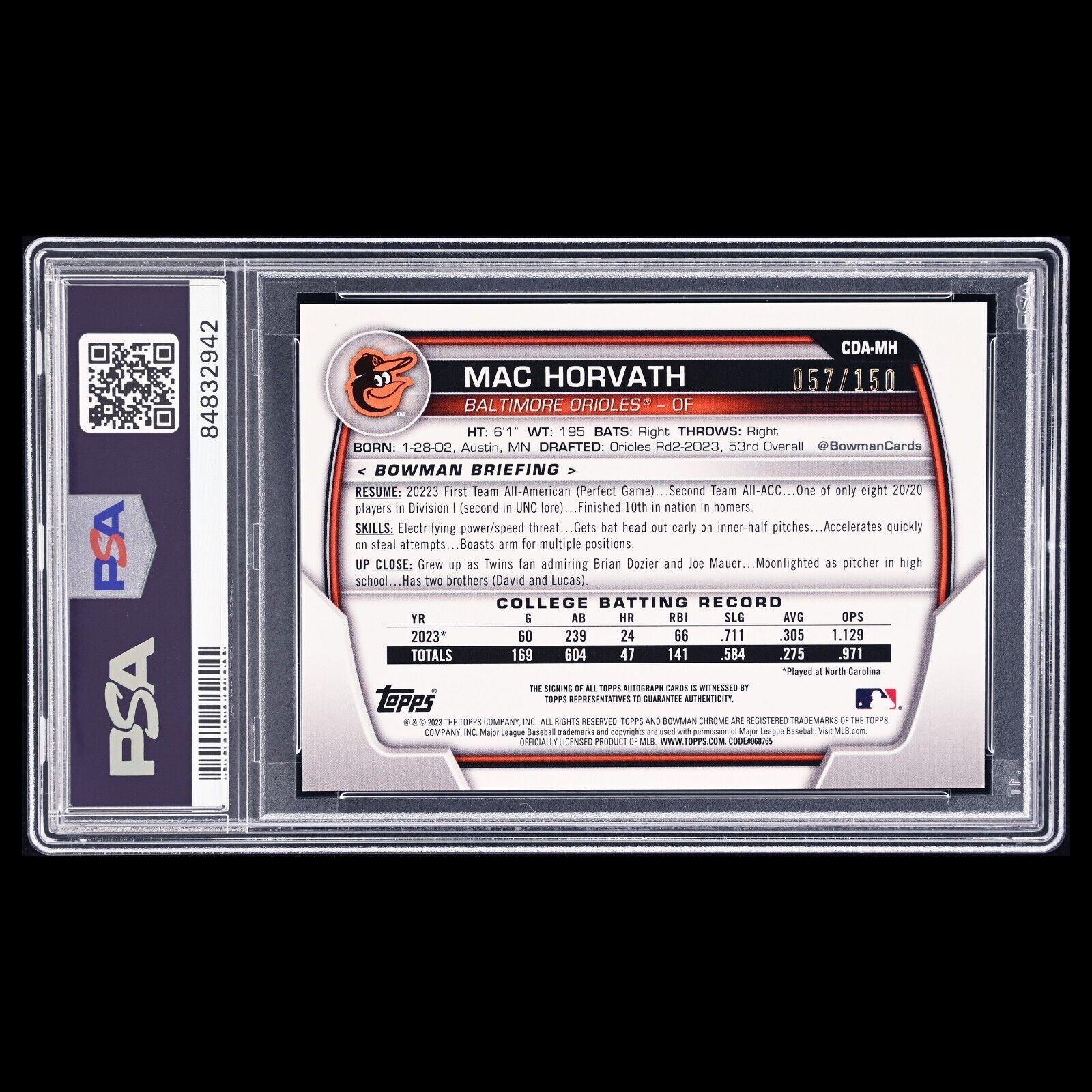 2023 Bowman Draft MAC HORVATH HTA Choice Mojo 1st Refractor Rookie RC /150 PSA 9