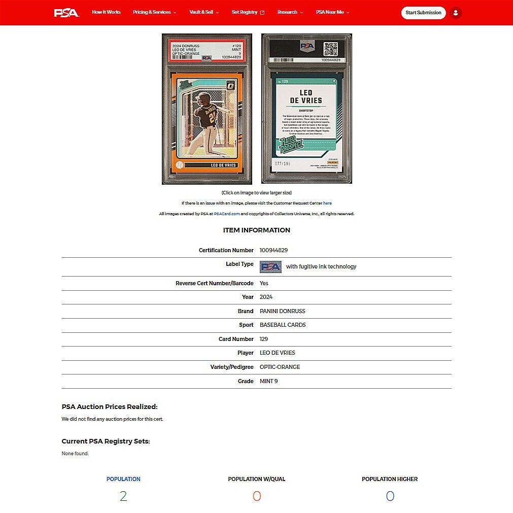 2024 Donruss Optic LEO DE VRIES SP Orange PRIZM Rated Prospect Rookie RC PSA 9