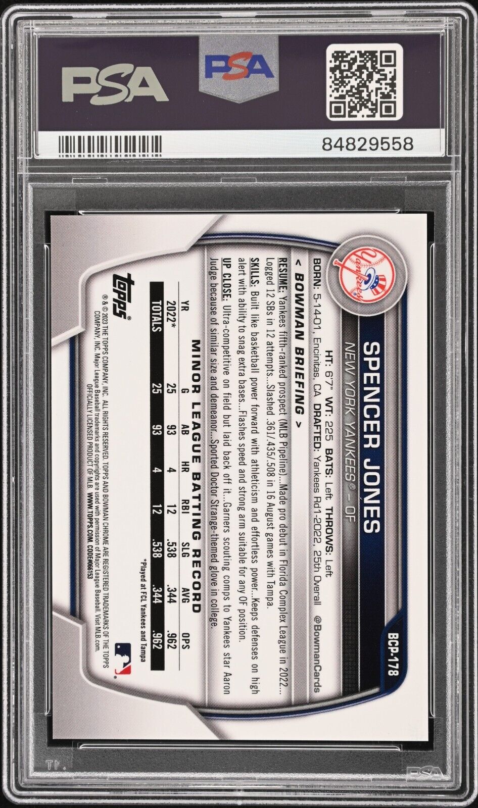 2023 Bowman Chrome Sapphire SPENCER JONES Yellow SP Variation /50 PSA 10
