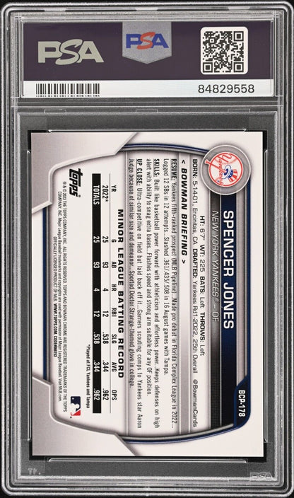 2023 Bowman Chrome Sapphire SPENCER JONES Yellow SP Variation /50 PSA 10