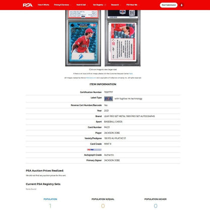 2021 Leaf Pro Set Metal JACKSON JOBE Platinum Mojo Rookie Auto 1/1 PSA 9 MINT