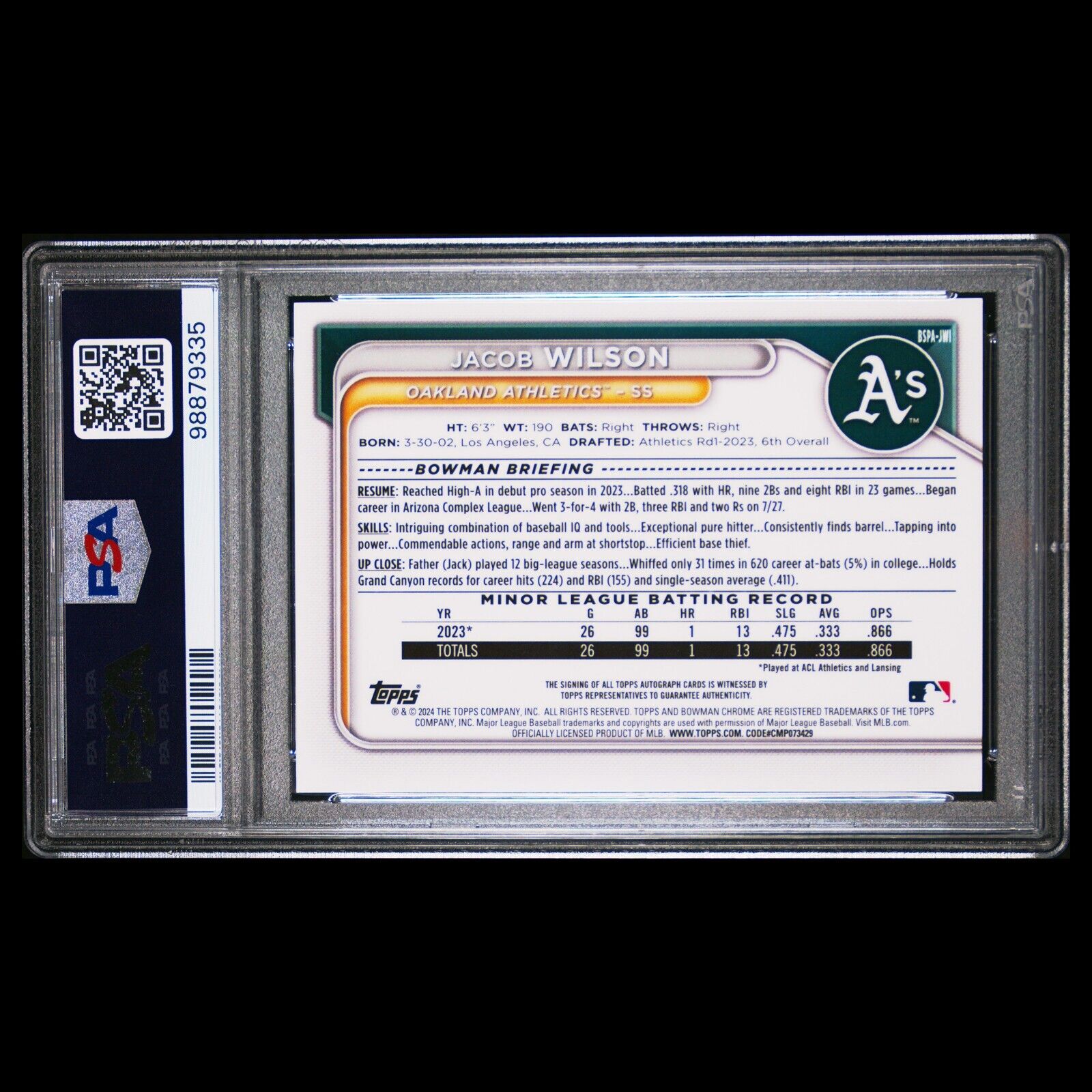 2024 Bowman Chrome Sapphire JACOB WILSON SP Gold Refractor Auto /50 RC PSA 10