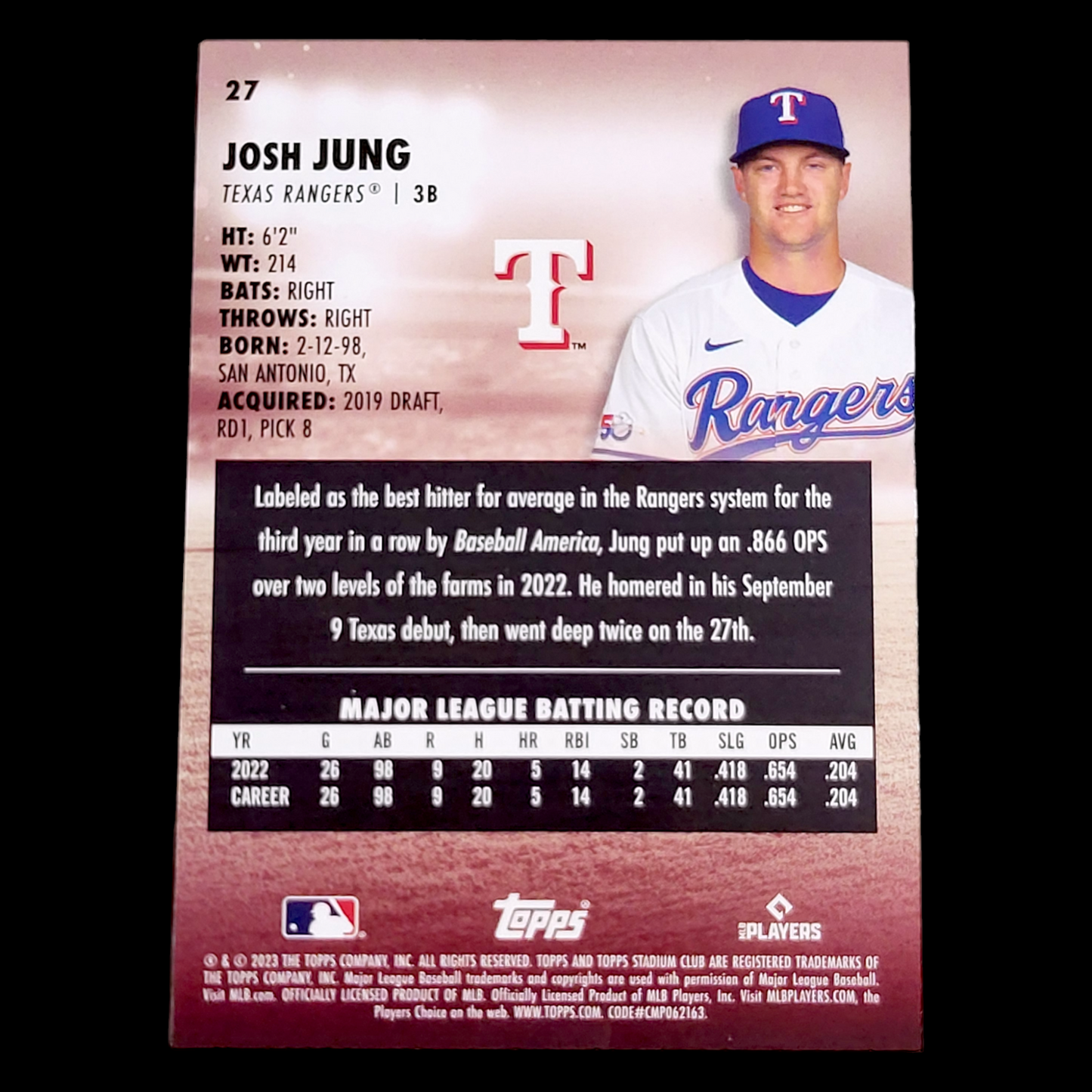 2023 Topps Stadium Club JOSH JUNG MLB Texas Rangers Rookie Card RC #27