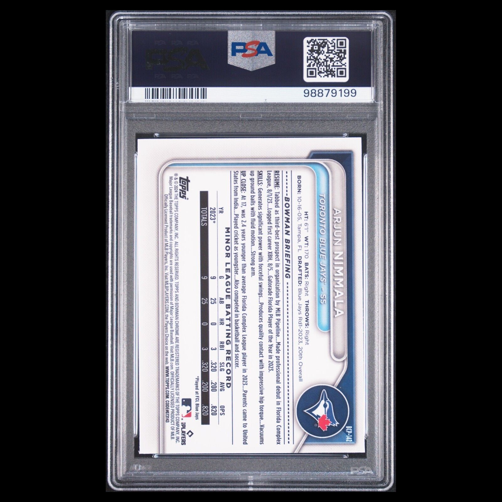 2024 Bowman Chrome Sapphire ARJUN NIMMALA 1st Bowman Refractor Rookie RC PSA 9