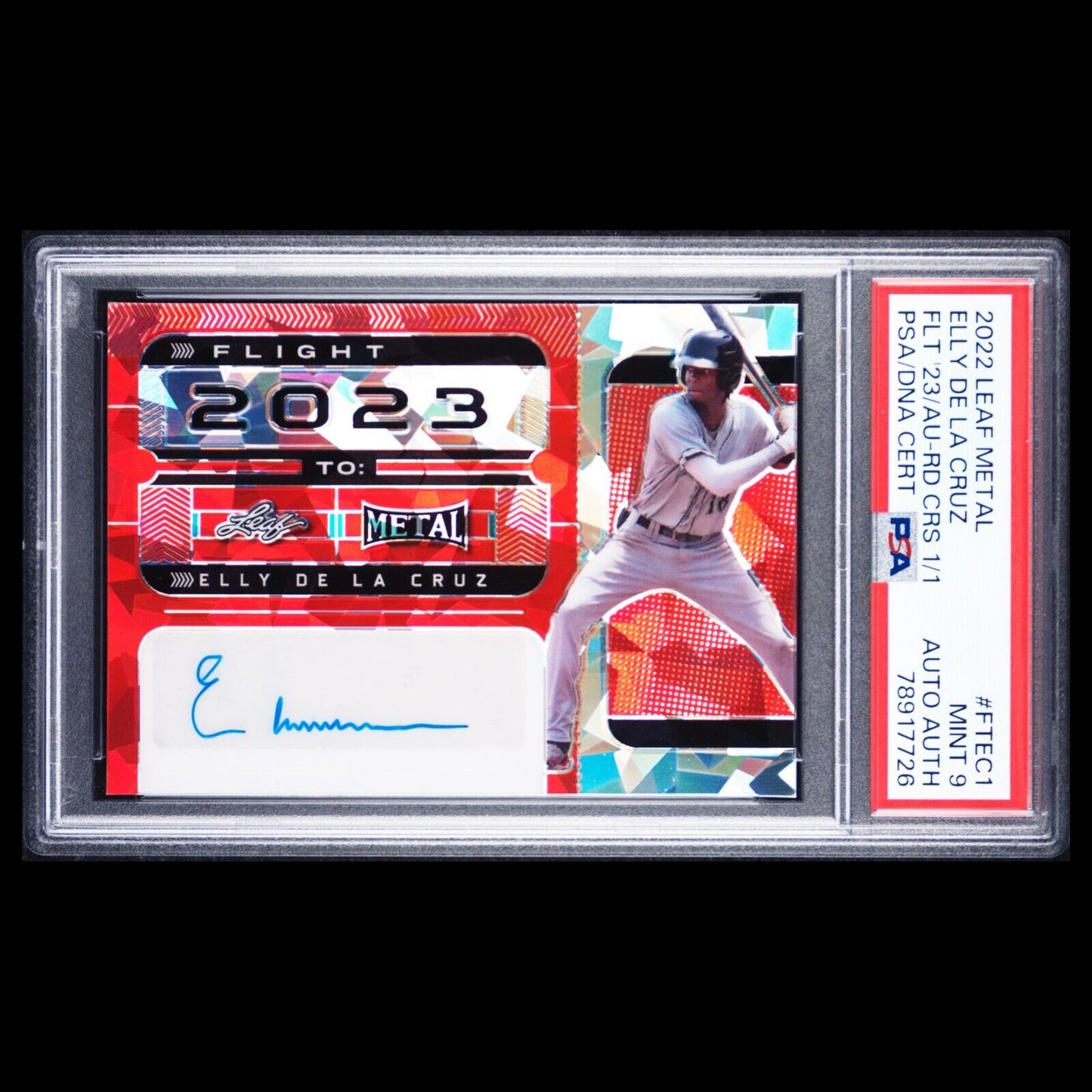2022 Leaf Metal Flight to 2023 ELLY DE LA CRUZ Red Crystals 1/1 Auto RC PSA 9