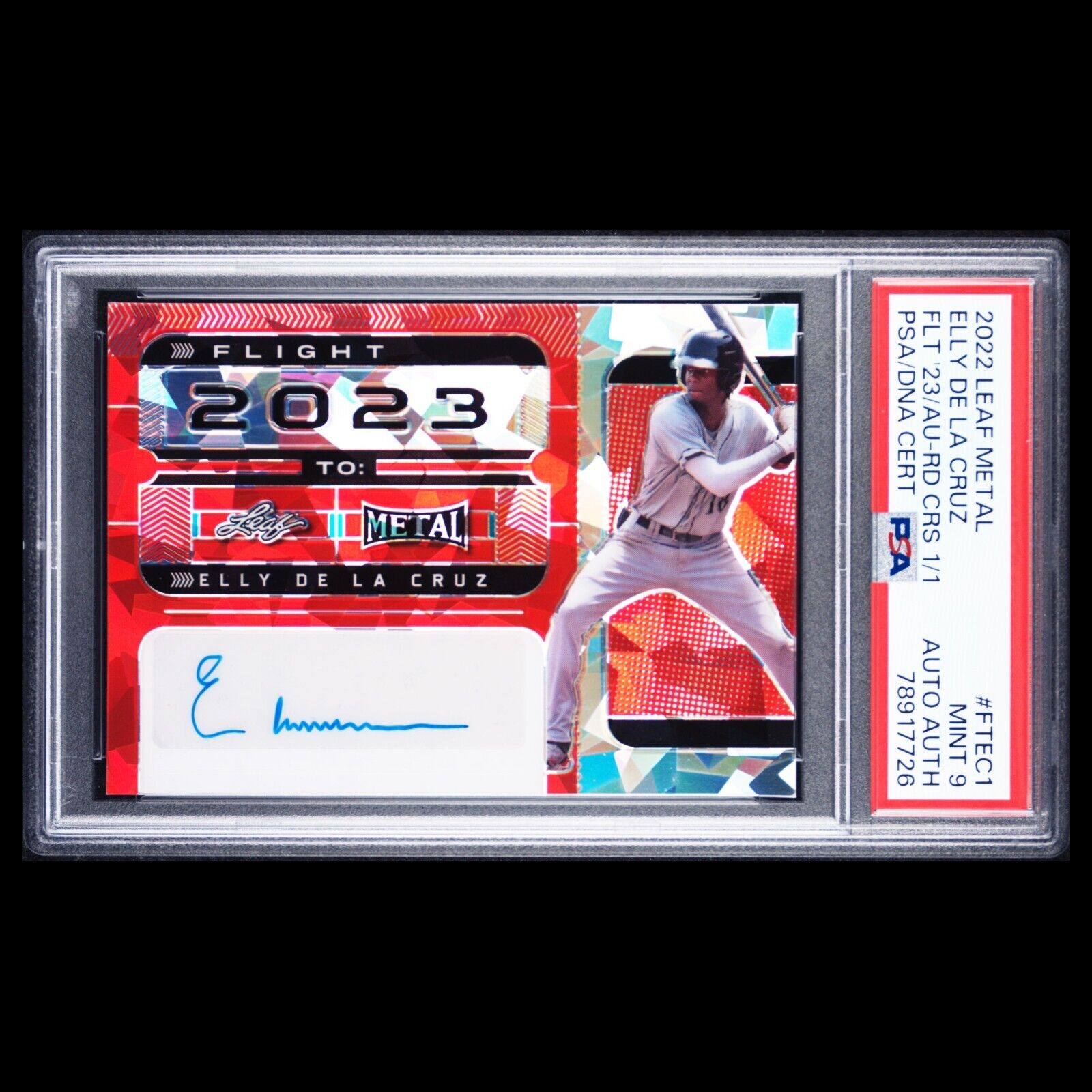 2022 Leaf Metal Flight to 2023 ELLY DE LA CRUZ Red Crystals 1/1 Auto RC PSA 9