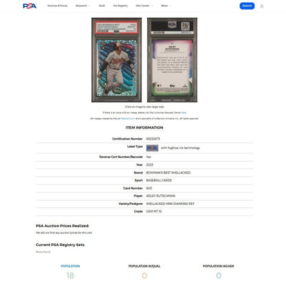 2023 Bowman's Best ADLEY RUTSCHMAN SP Shellacked Mini Diamonds Refractor PSA 10