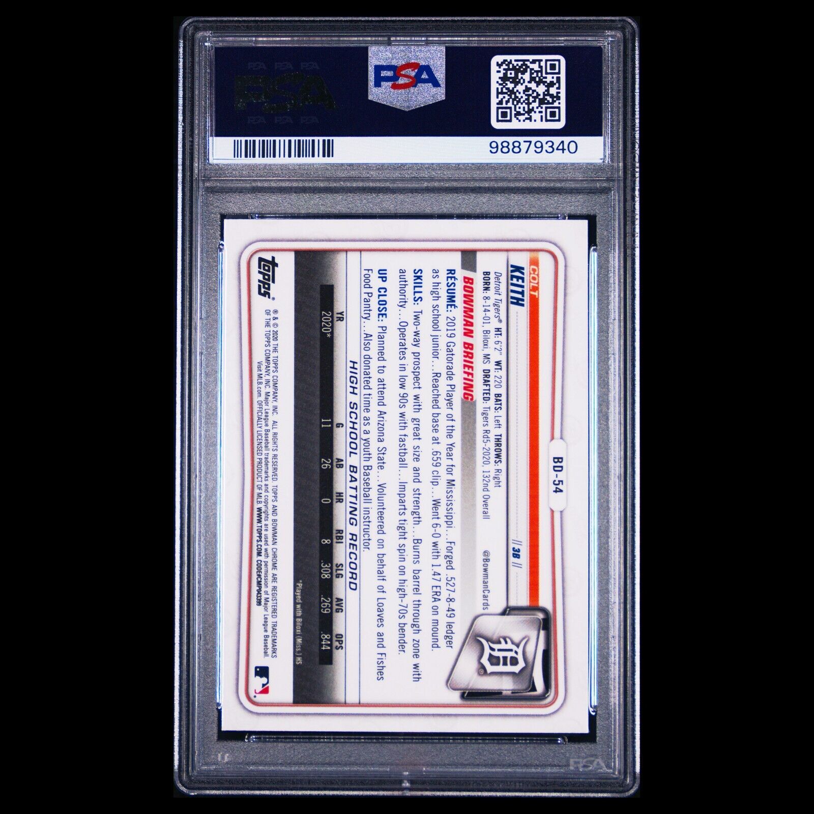 2020 Bowman Draft Sapphire COLT KEITH 1st Blue Sapphire Refractor Rookie PSA 9