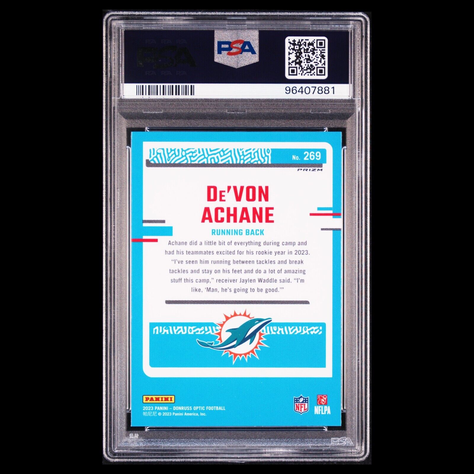 2023 Donruss Optic DE'VON ACHANE Miami SP Purple Shock PRIZM Rated Rookie PSA 9