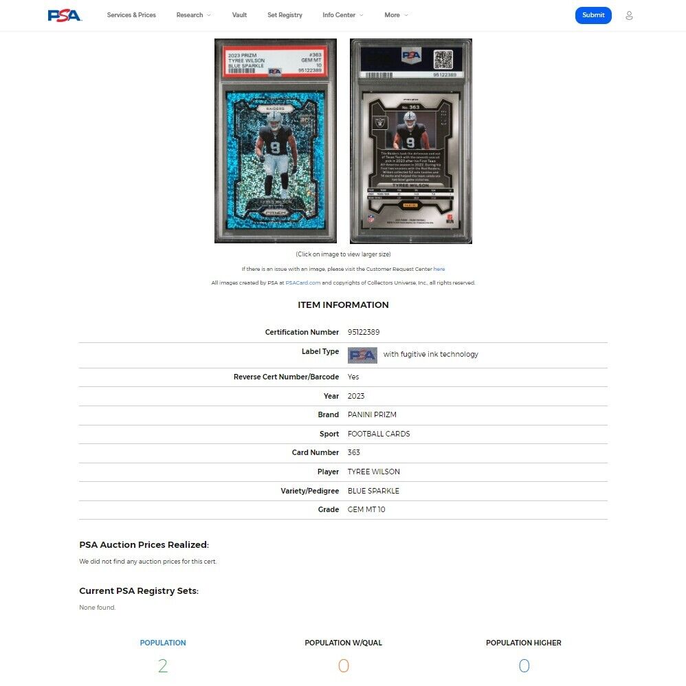 2023 Panini Prizm TYREE WILSON SSP White Sparkle Pack BLUE PRIZM RC /96 PSA 10