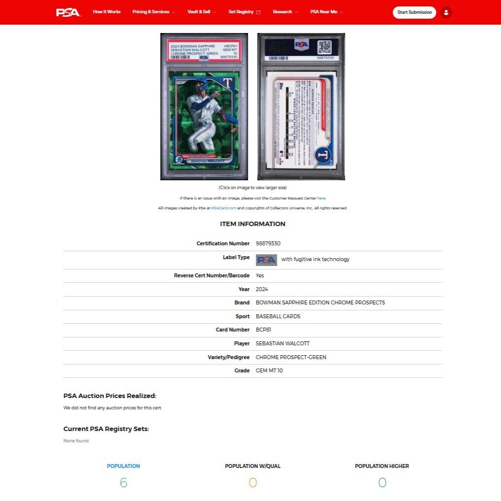 2024 Bowman Chrome Sapphire SEBASTIAN WALCOTT Green Refractor SP RC /99 PSA 10