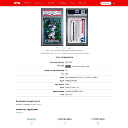 2024 Bowman Chrome Sapphire SEBASTIAN WALCOTT Green Refractor SP RC /99 PSA 10