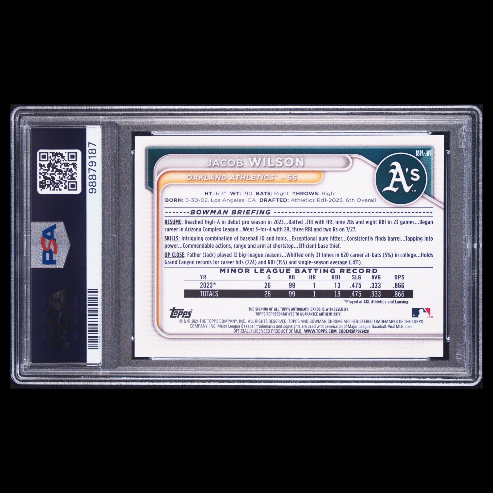 2024 Bowman Chrome Sapphire JACOB WILSON Blue Sapphire Refractor Auto RC PSA 9