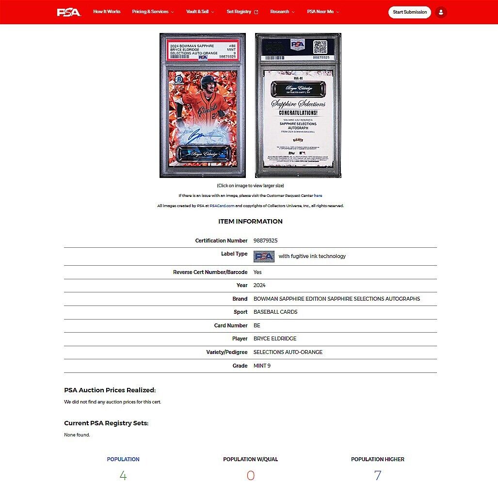 2024 Bowman Sapphire Selections BRYCE ELDRIDGE Orange Refractor Auto /25 PSA 9