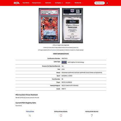 2024 Bowman Sapphire Selections BRYCE ELDRIDGE Orange Refractor Auto /25 PSA 9