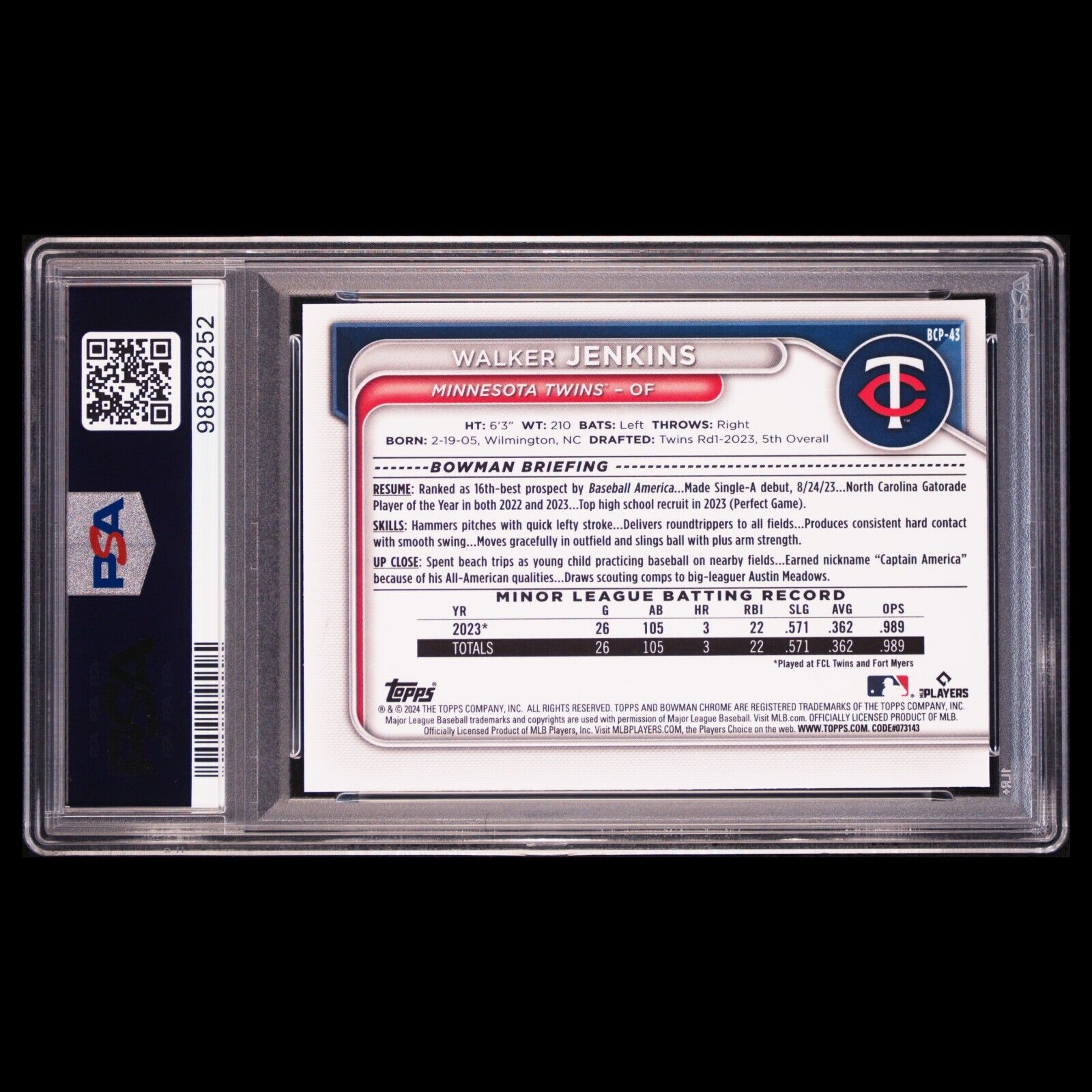2024 Bowman Chrome Sapphire WALKER JENKINS 1st Bowman Refractor Rookie RC PSA 10